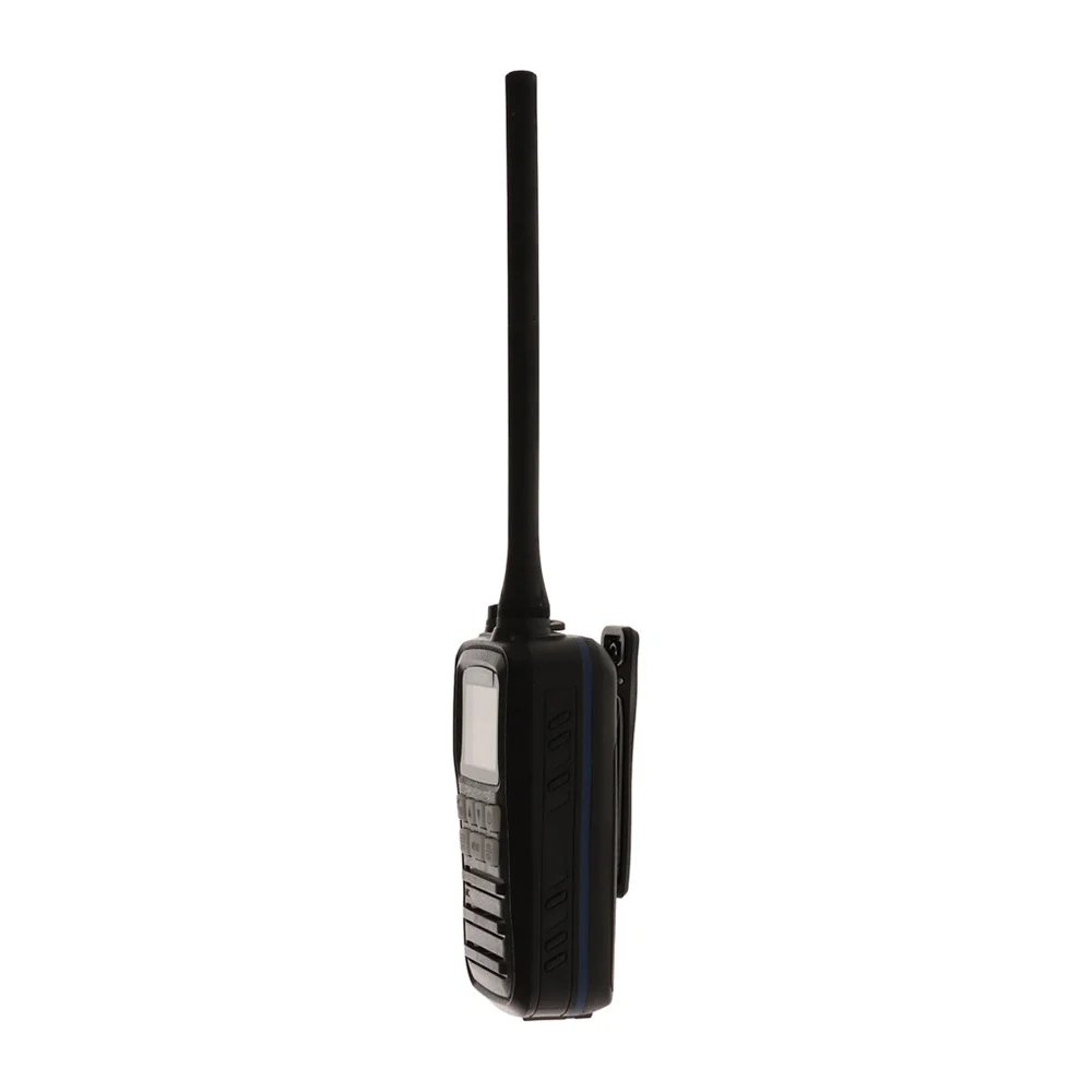 Oricom MX300 Waterproof Handheld VHF Marine Radio 3W – Black Oricom MX300 3W waterproof handheld VHF marine radio in black with long antenna, orange LCD display and front control buttons.