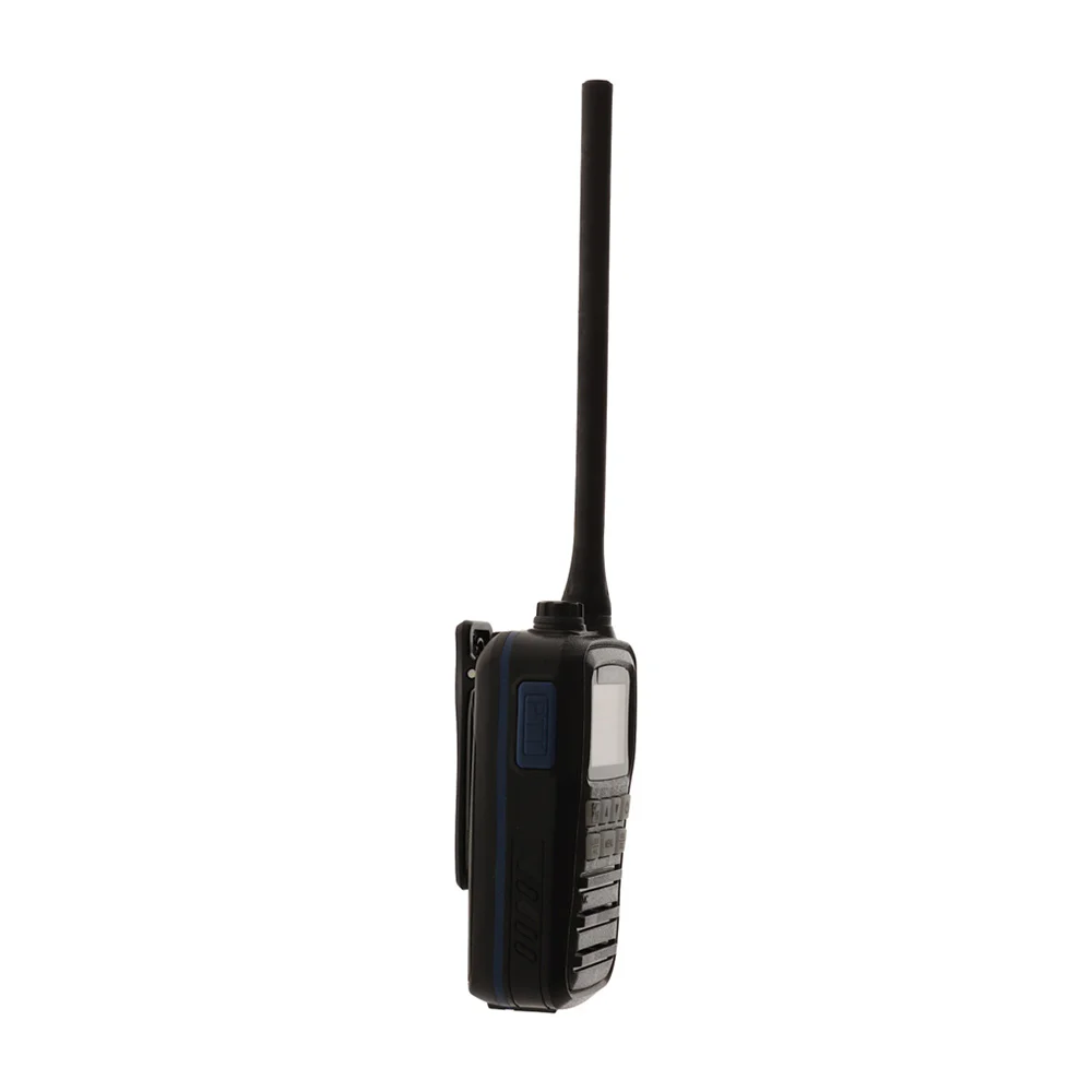 Oricom MX300 Waterproof Handheld VHF Marine Radio 3W – Black Oricom MX300 3W waterproof handheld VHF marine radio in black with long antenna, orange LCD display and front control buttons.