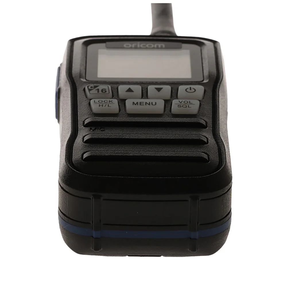 Oricom MX300 Waterproof Handheld VHF Marine Radio 3W – Black Oricom MX300 3W waterproof handheld VHF marine radio in black with long antenna, orange LCD display and front control buttons.