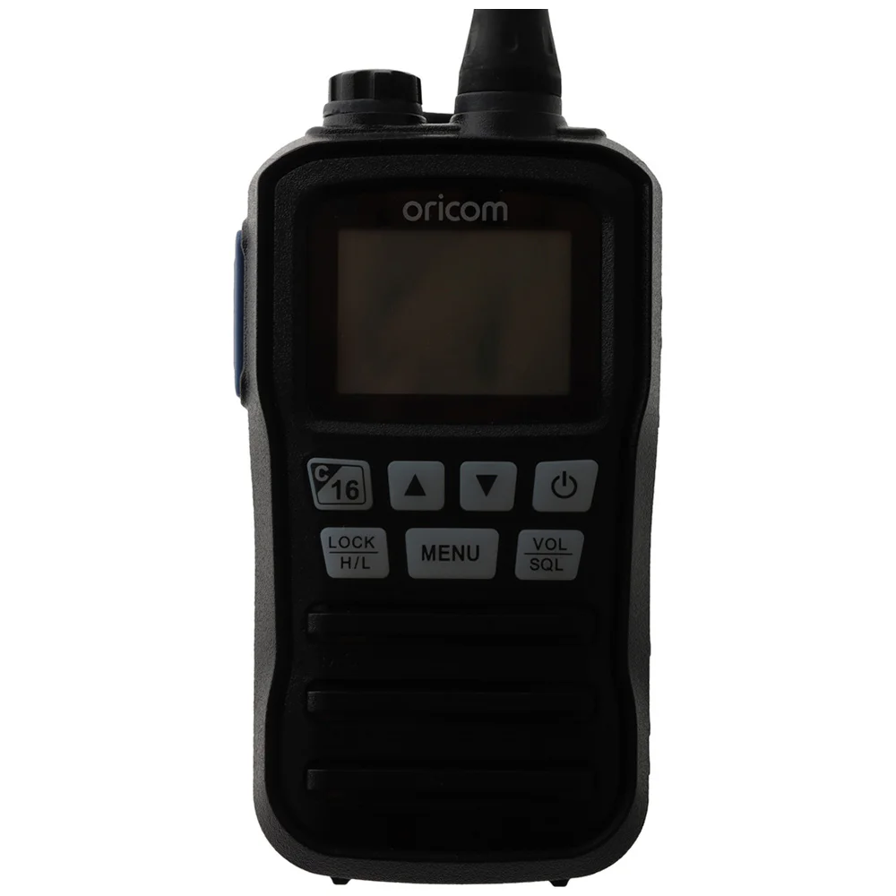 Oricom MX300 Waterproof Handheld VHF Marine Radio 3W – Black Oricom MX300 3W waterproof handheld VHF marine radio in black with long antenna, orange LCD display and front control buttons.