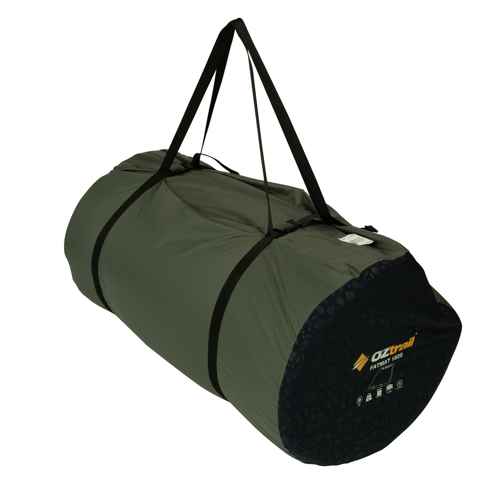 OZtrail 3D Fatmat 1500 camping mattress in dark blue with thick self-inflating foam design for comfortable outdoor sleeping.