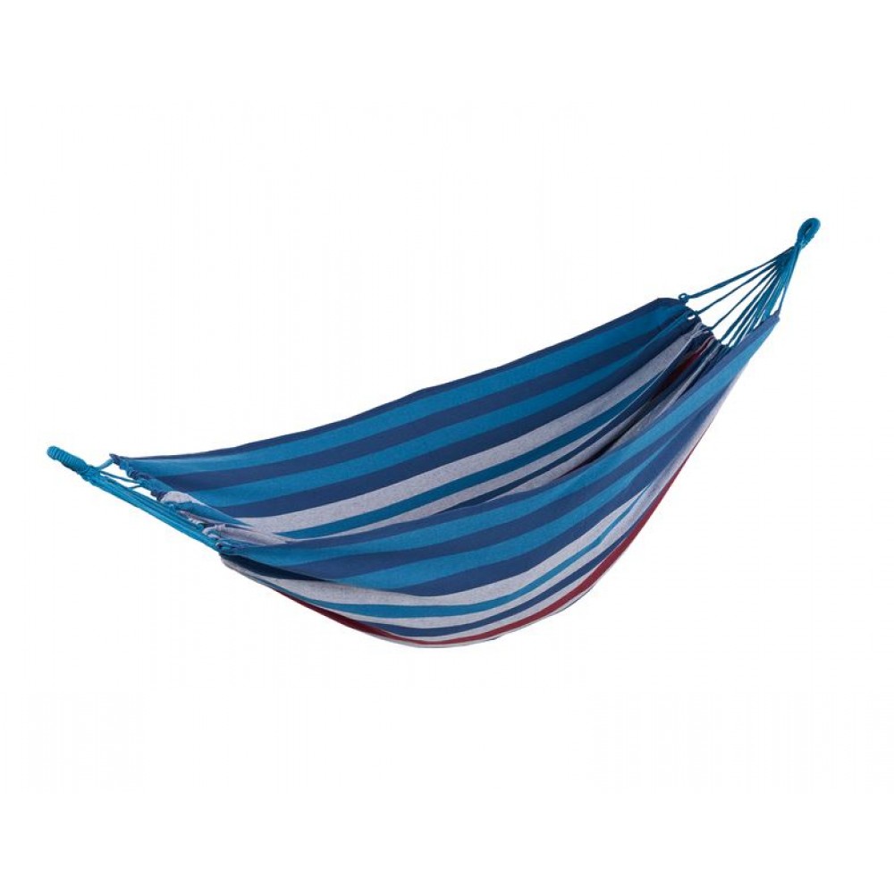 OZtrail Anywhere hammock with blue striped fabric and lightweight portable design ideal for camping, backyard relaxation, hiking and outdoor adventures