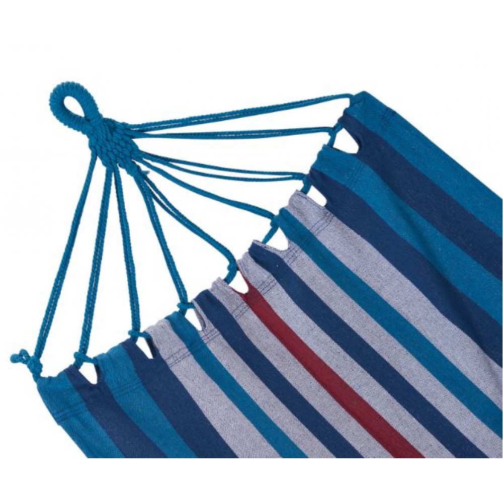 OZtrail Anywhere hammock with blue striped fabric and lightweight portable design ideal for camping, backyard relaxation, hiking and outdoor adventures