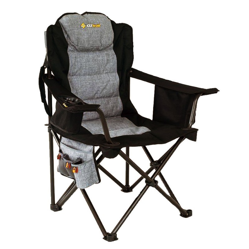 OZtrail Big Boy camping arm chair with oversized padded seat, black and grey fabric, cup holder and sturdy foldable frame designed for camping and outdoor comfort