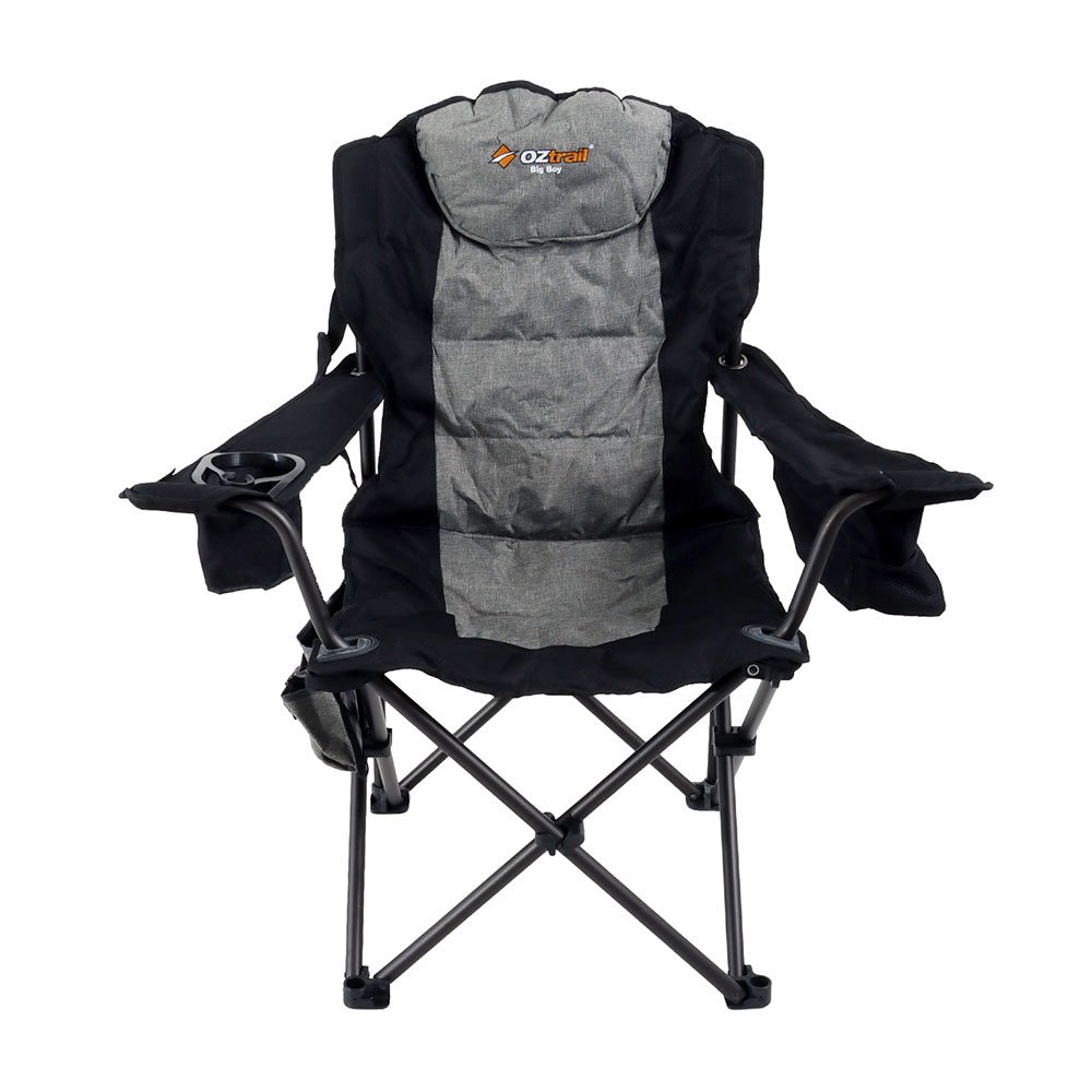 OZtrail Big Boy camping arm chair with oversized padded seat, black and grey fabric, cup holder and sturdy foldable frame designed for camping and outdoor comfort