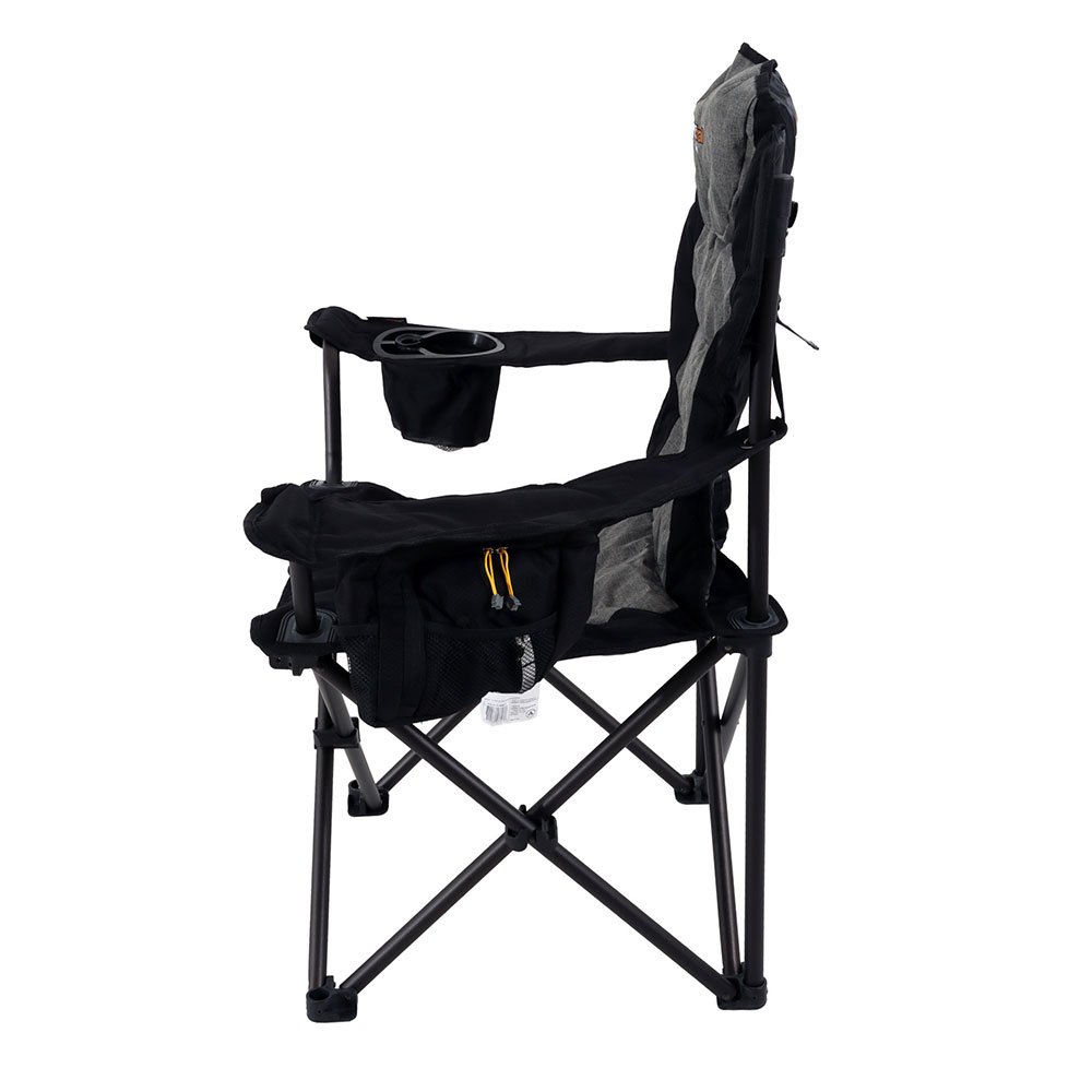 OZtrail Big Boy camping arm chair with oversized padded seat, black and grey fabric, cup holder and sturdy foldable frame designed for camping and outdoor comfort