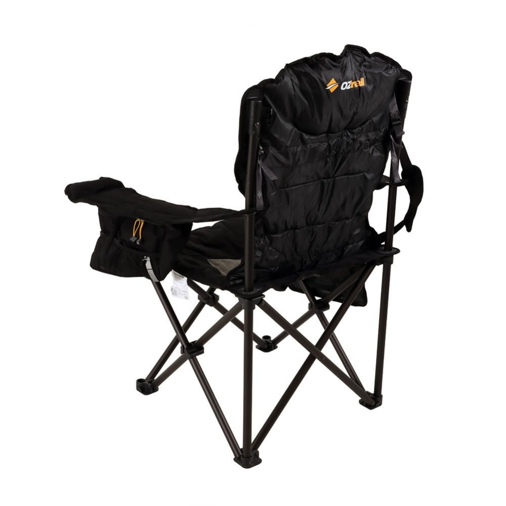 OZtrail Big Boy camping arm chair with oversized padded seat, black and grey fabric, cup holder and sturdy foldable frame designed for camping and outdoor comfort