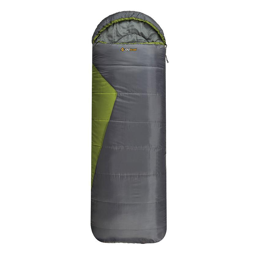OZtrail Blaxland hooded 0C sleeping bag in grey and green designed for camping, hiking and cool weather outdoor adventures with insulated comfort and warmth