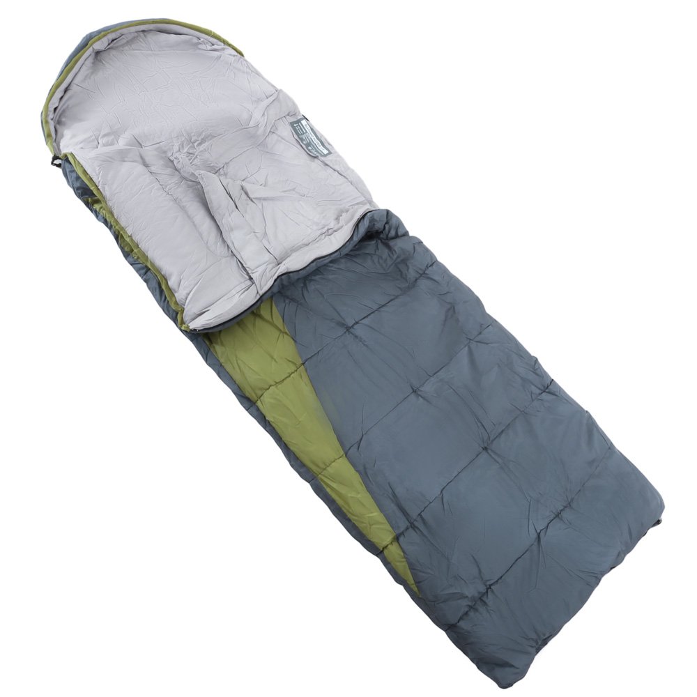 OZtrail Blaxland hooded 0C sleeping bag in grey and green designed for camping, hiking and cool weather outdoor adventures with insulated comfort and warmth