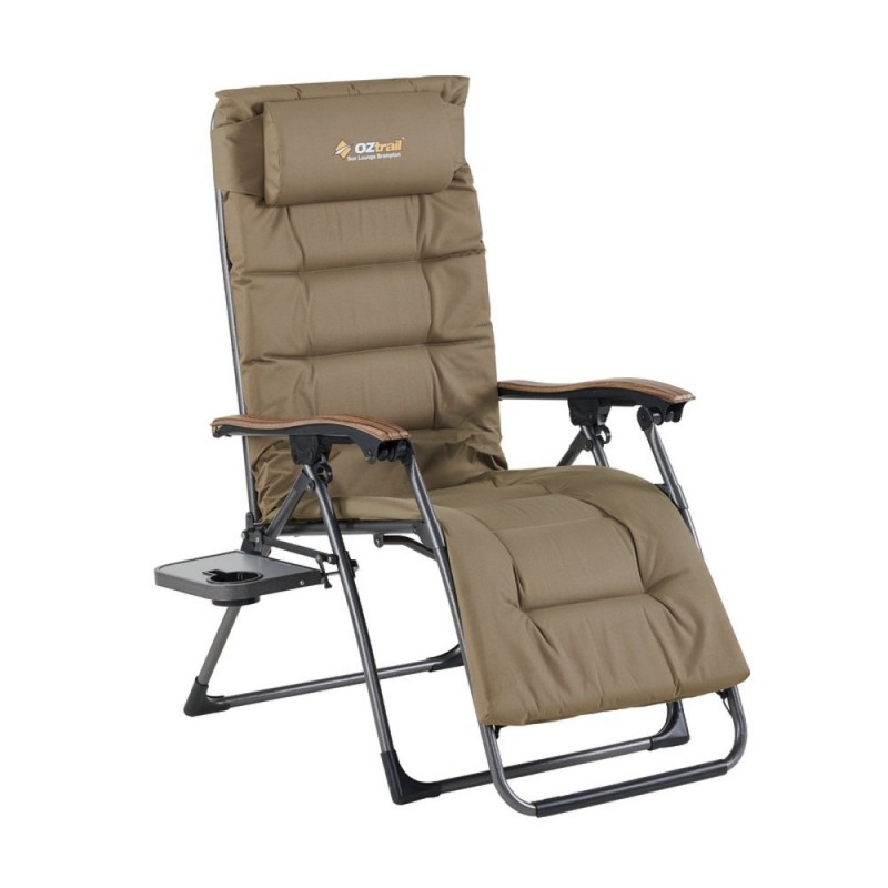 OZtrail Brampton folding recliner sun lounge chair with padded khaki fabric, adjustable reclining positions and side tray designed for camping, outdoor relaxation and caravanning