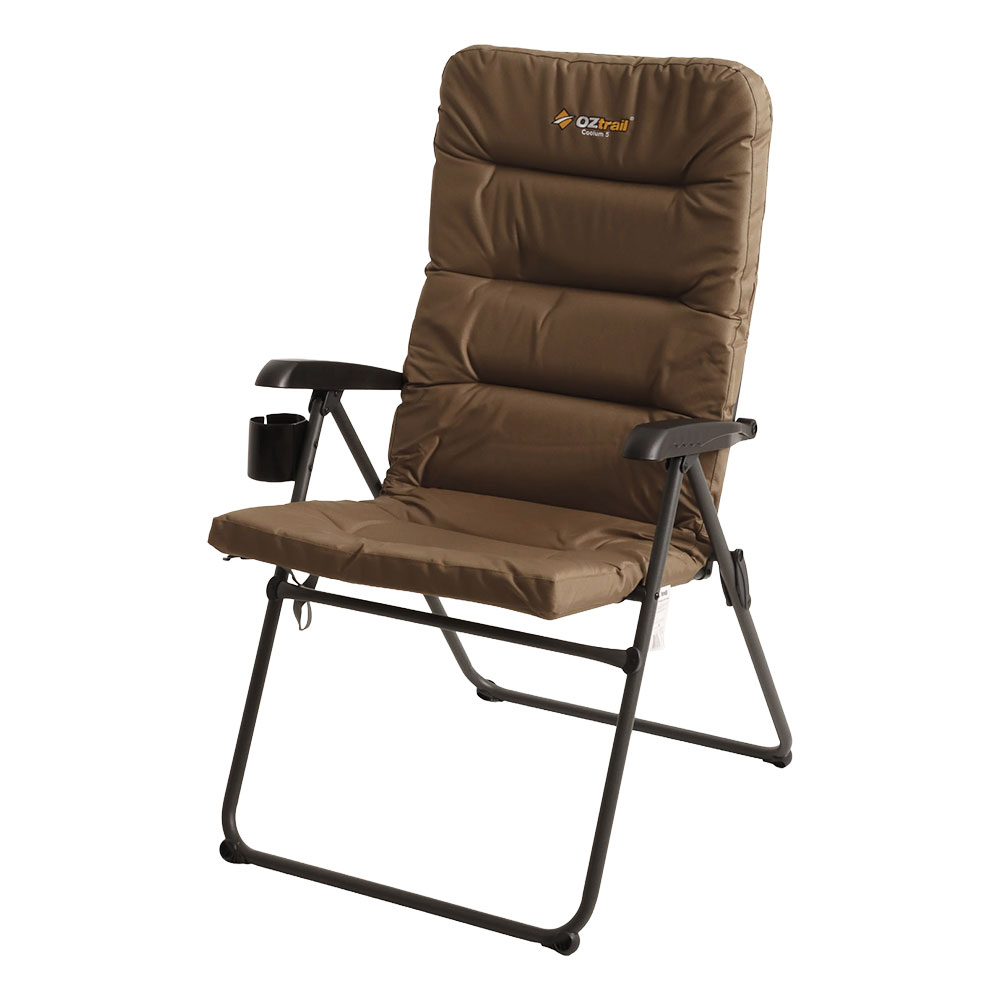 OZtrail Coolum 5-Position Recliner Chair Brown OZtrail Coolum 5-position recliner camping chair with padded brown seat and adjustable reclining backrest designed for camping, caravanning and outdoor relaxation