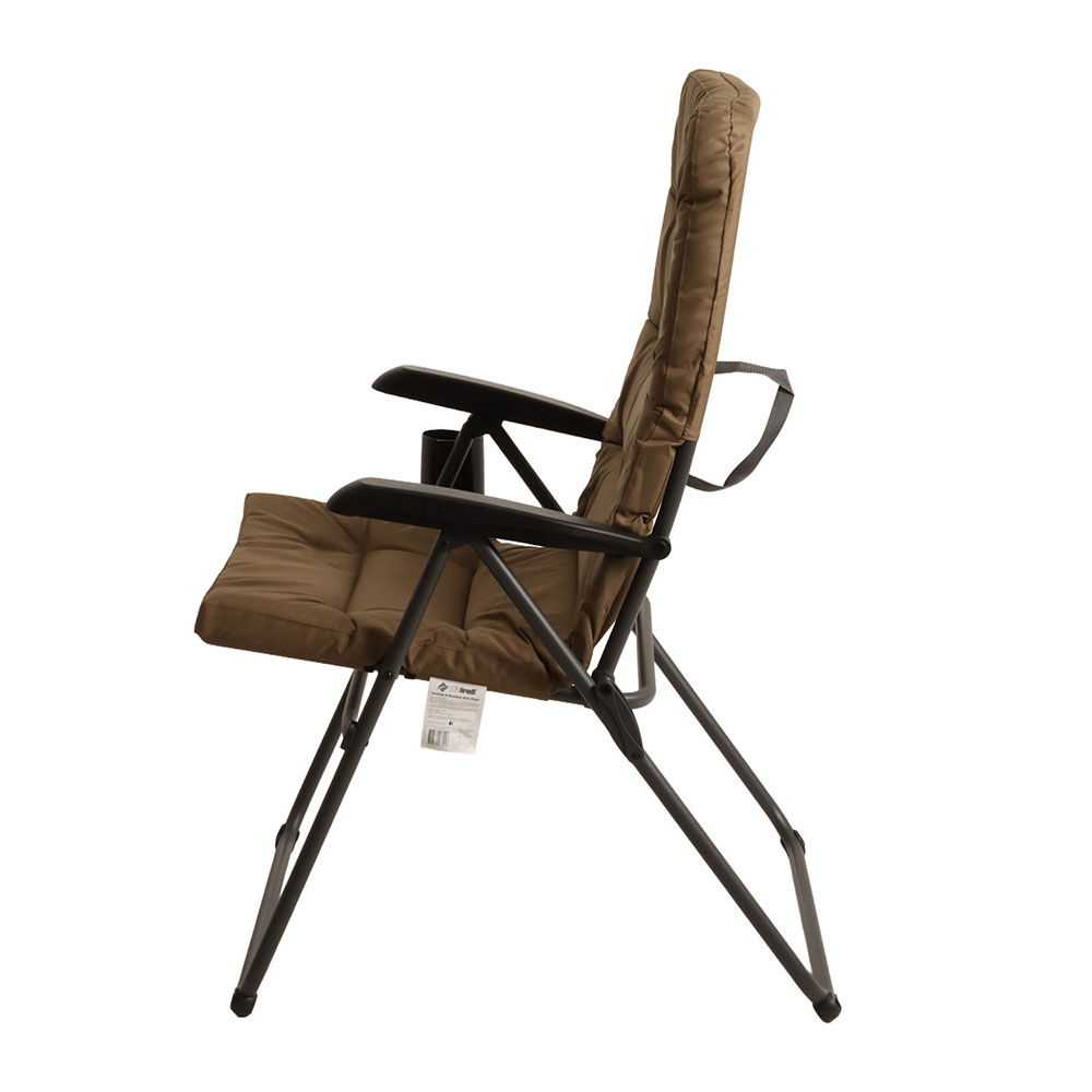 OZtrail Coolum 5-Position Recliner Chair Brown OZtrail Coolum 5-position recliner camping chair with padded brown seat and adjustable reclining backrest designed for camping, caravanning and outdoor relaxation