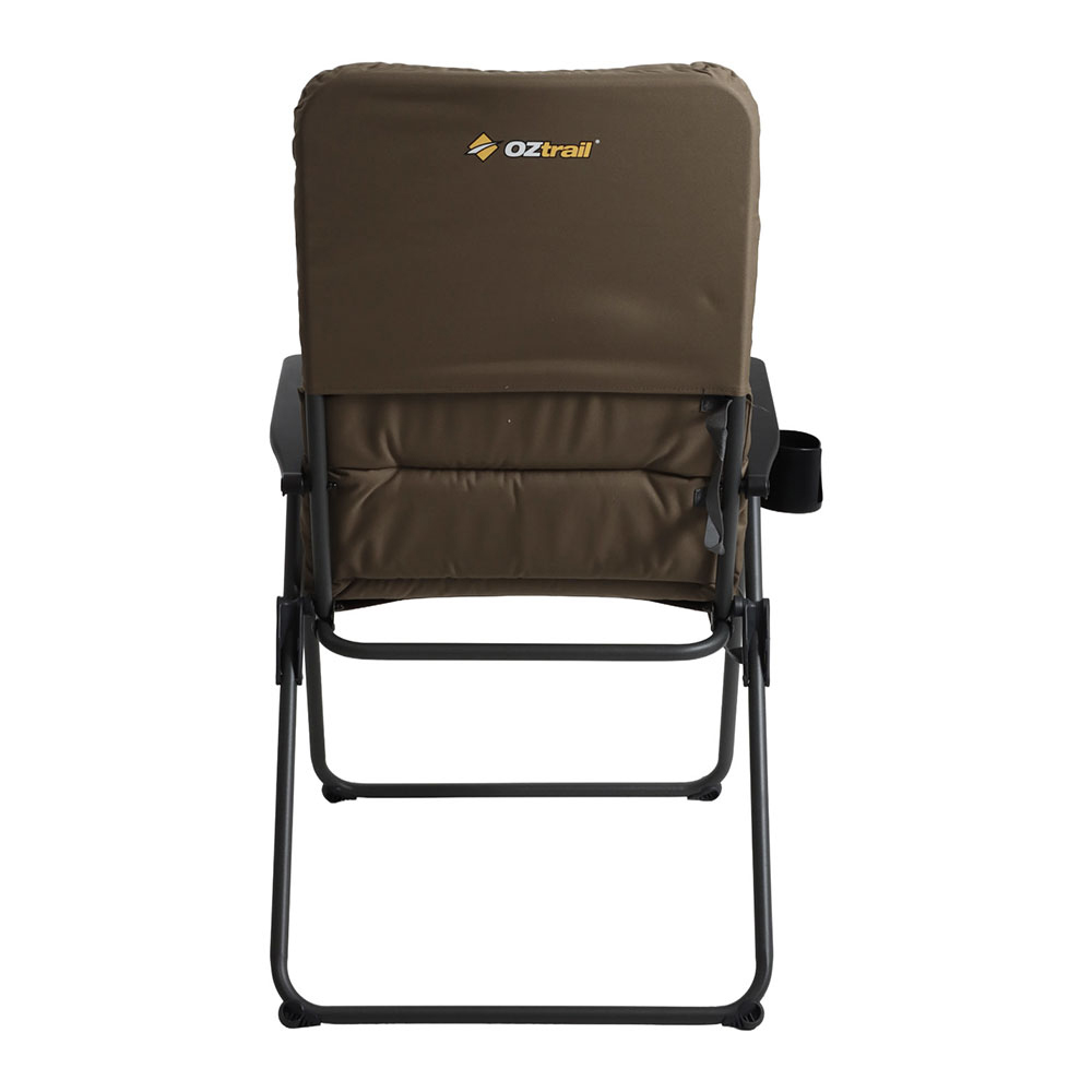 OZtrail Coolum 5-Position Recliner Chair Brown OZtrail Coolum 5-position recliner camping chair with padded brown seat and adjustable reclining backrest designed for camping, caravanning and outdoor relaxation