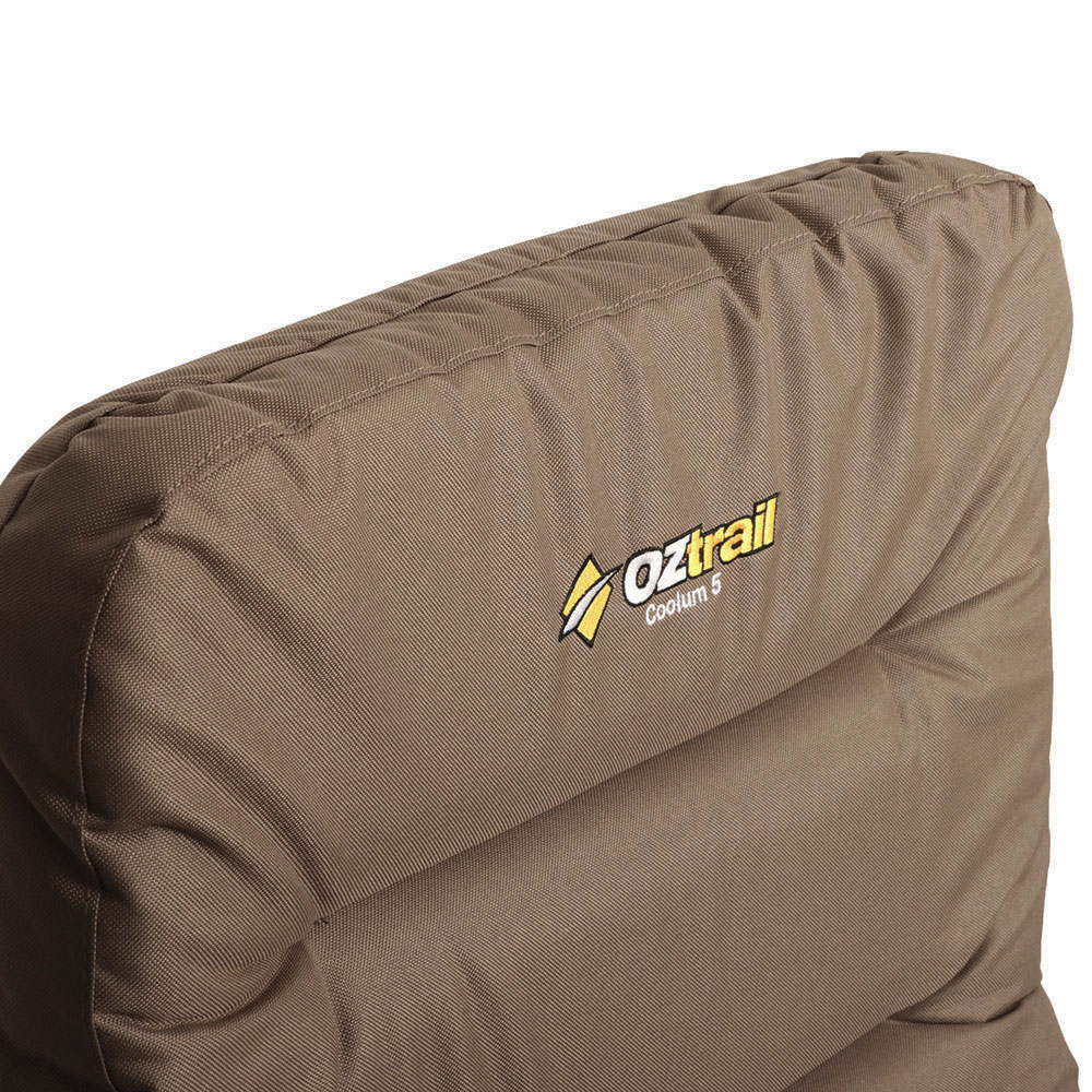 OZtrail Coolum 5-Position Recliner Chair Brown OZtrail Coolum 5-position recliner camping chair with padded brown seat and adjustable reclining backrest designed for camping, caravanning and outdoor relaxation