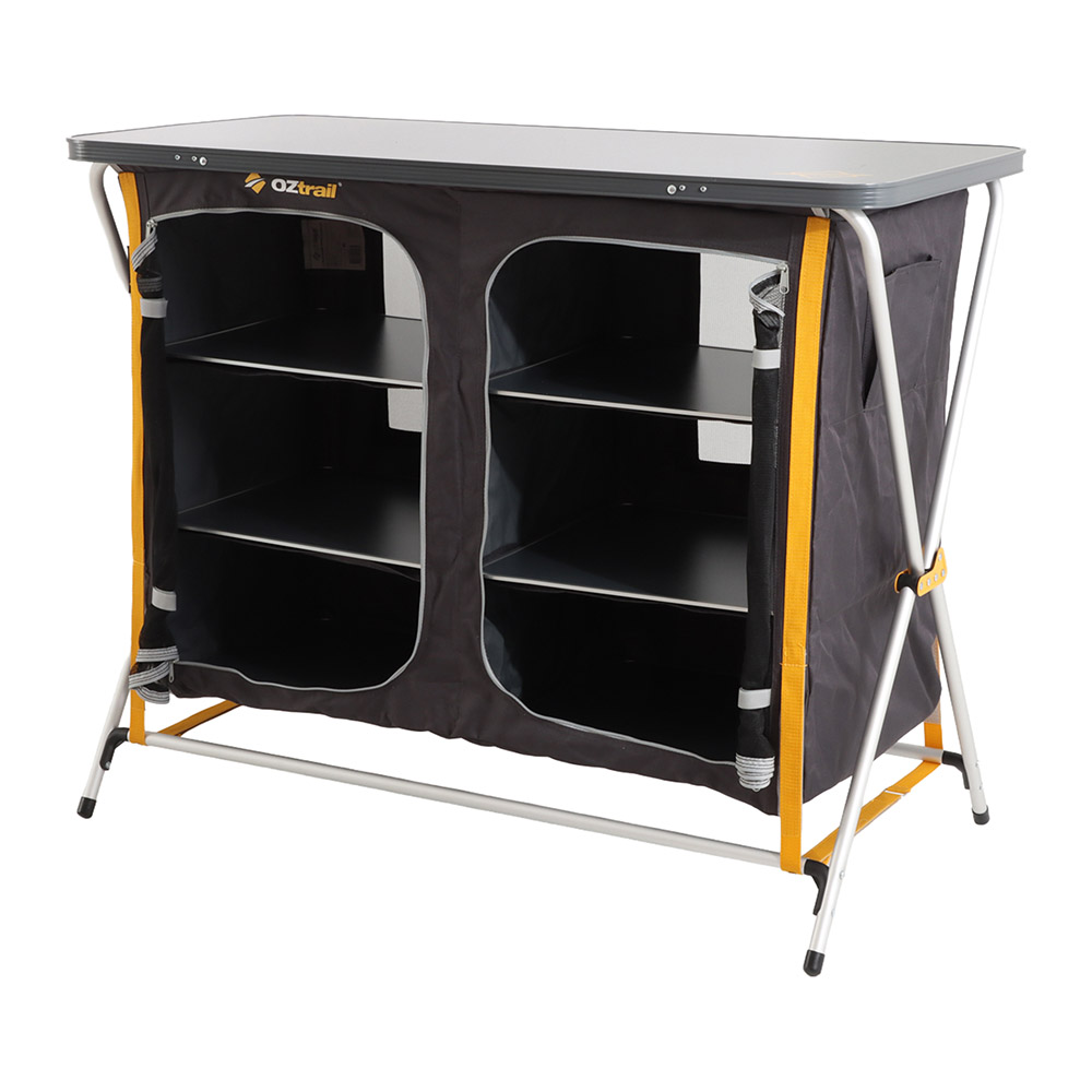 OZtrail Deluxe foldable double camping cupboard with three internal shelves, durable tabletop and portable frame designed for camping kitchen storage and outdoor meal preparation