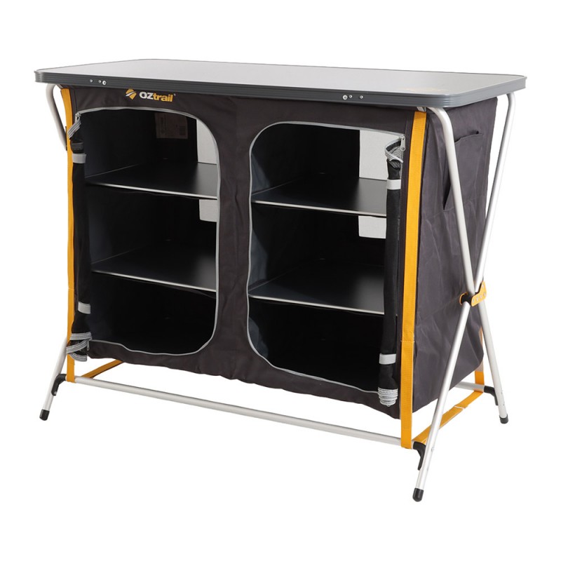 OZtrail Deluxe foldable double camping cupboard with three internal shelves, durable tabletop and portable frame designed for camping kitchen storage and outdoor meal preparation