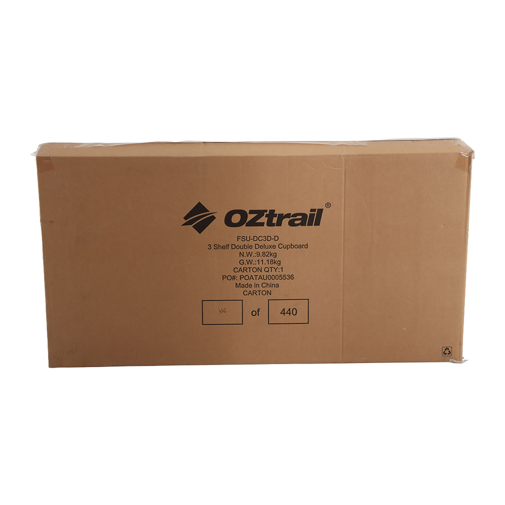 OZtrail Deluxe foldable double camping cupboard with three internal shelves, durable tabletop and portable frame designed for camping kitchen storage and outdoor meal preparation