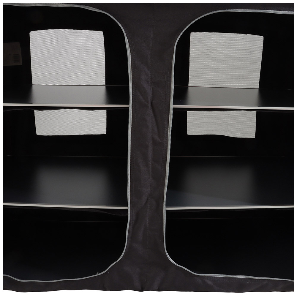 OZtrail Deluxe foldable double camping cupboard with three internal shelves, durable tabletop and portable frame designed for camping kitchen storage and outdoor meal preparation