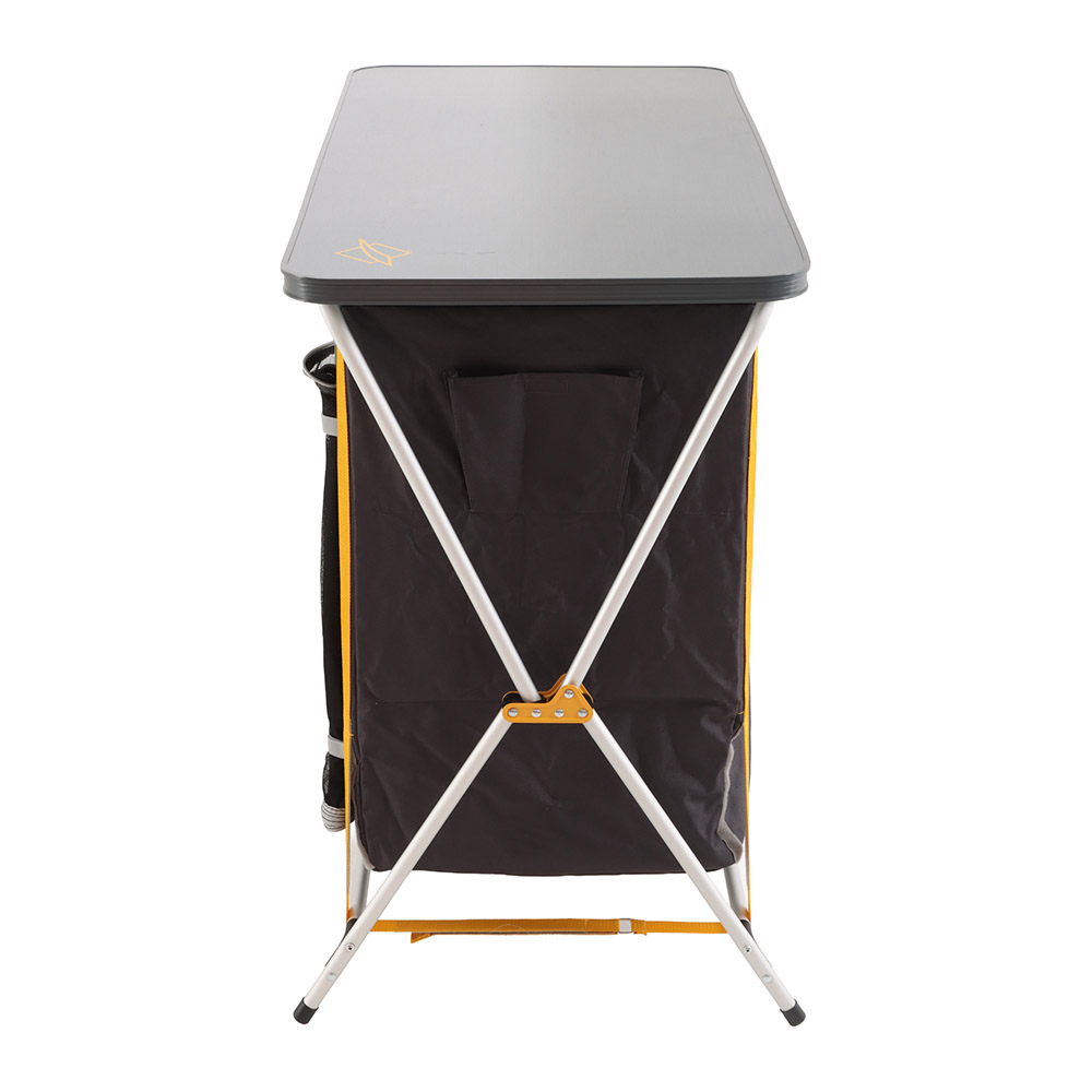 OZtrail Deluxe foldable double camping cupboard with three internal shelves, durable tabletop and portable frame designed for camping kitchen storage and outdoor meal preparation