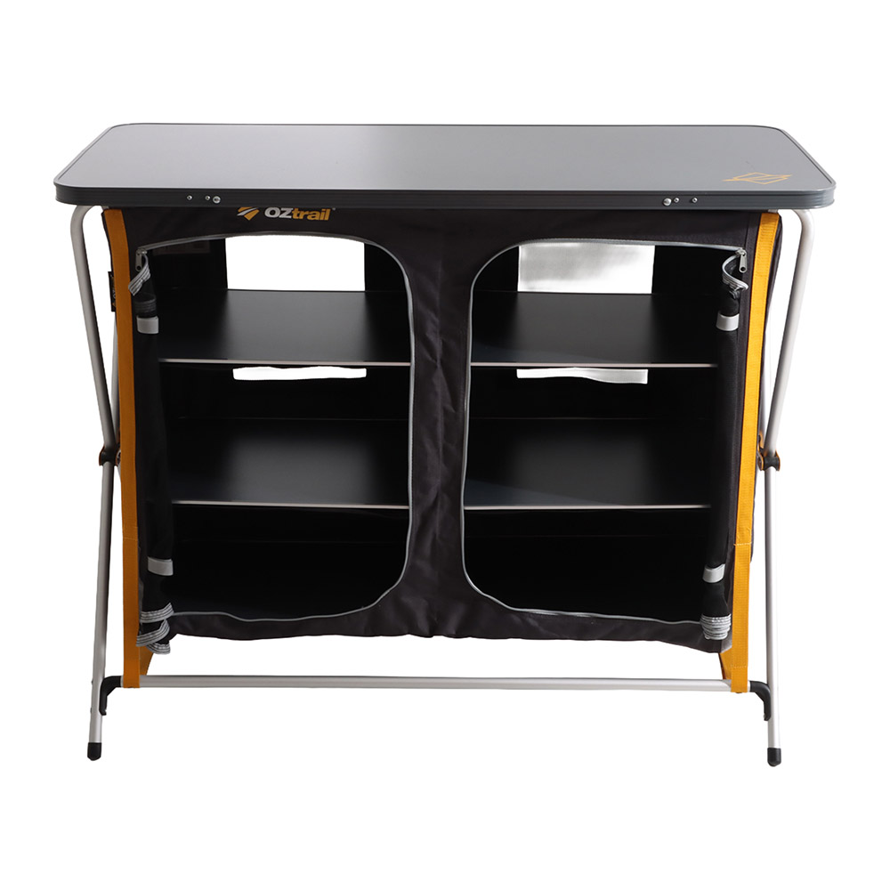 OZtrail Deluxe foldable double camping cupboard with three internal shelves, durable tabletop and portable frame designed for camping kitchen storage and outdoor meal preparation