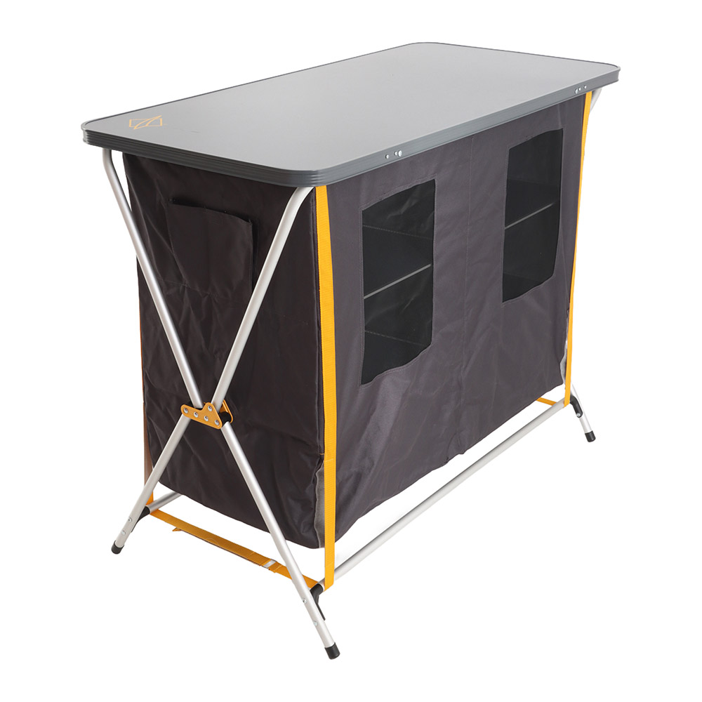 OZtrail Deluxe foldable double camping cupboard with three internal shelves, durable tabletop and portable frame designed for camping kitchen storage and outdoor meal preparation
