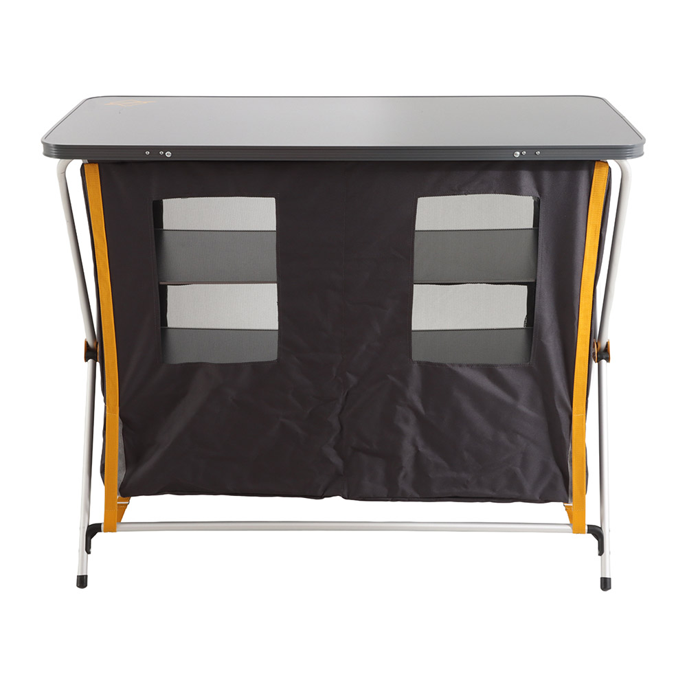 OZtrail Deluxe foldable double camping cupboard with three internal shelves, durable tabletop and portable frame designed for camping kitchen storage and outdoor meal preparation