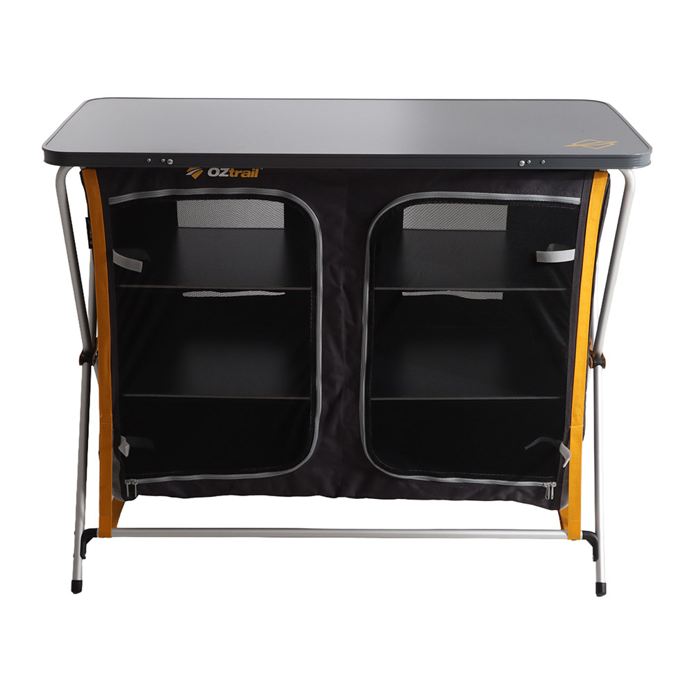 OZtrail Deluxe foldable double camping cupboard with three internal shelves, durable tabletop and portable frame designed for camping kitchen storage and outdoor meal preparation