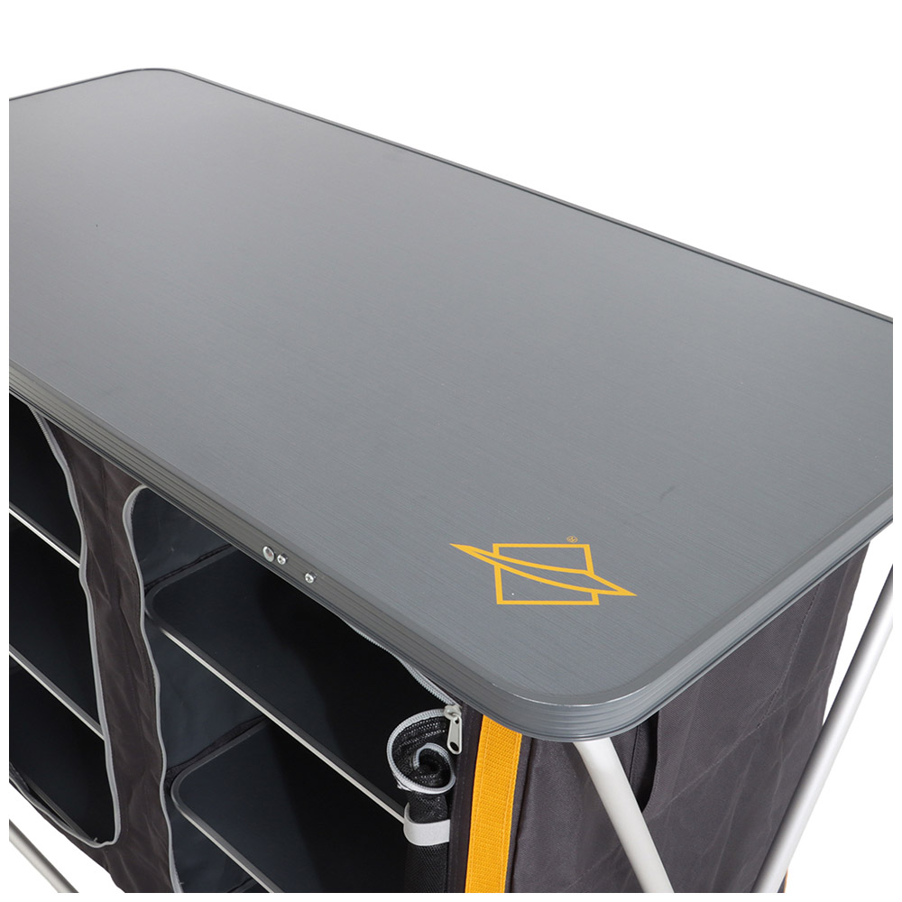 OZtrail Deluxe foldable double camping cupboard with three internal shelves, durable tabletop and portable frame designed for camping kitchen storage and outdoor meal preparation