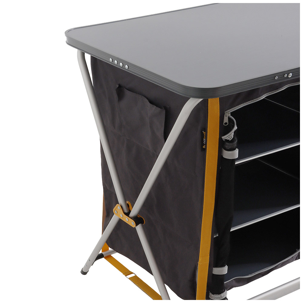 OZtrail Deluxe foldable double camping cupboard with three internal shelves, durable tabletop and portable frame designed for camping kitchen storage and outdoor meal preparation