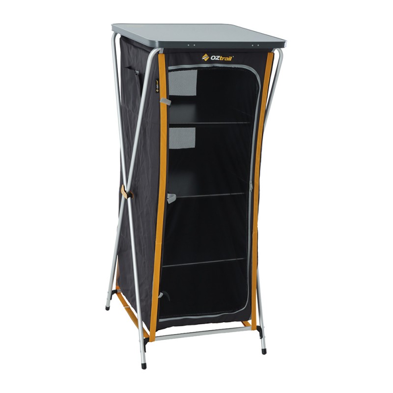 OZtrail Deluxe foldable camping cupboard with four storage shelves, zippered fabric cover and lightweight portable frame designed for camping, caravanning and outdoor kitchen organisation