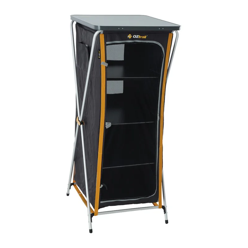 OZtrail Deluxe foldable camping cupboard with four storage shelves, zippered fabric cover and lightweight portable frame designed for camping, caravanning and outdoor kitchen organisation