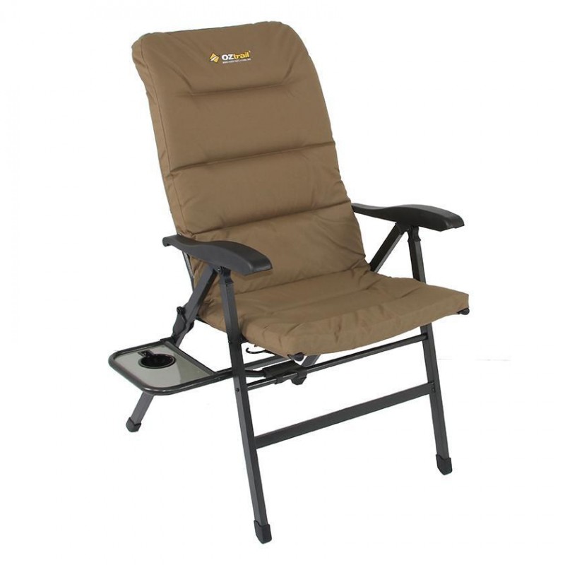 OZtrail Emperor 8-position recliner arm chair with padded khaki seat, adjustable reclining backrest and side cup holder designed for camping, caravanning and outdoor relaxation