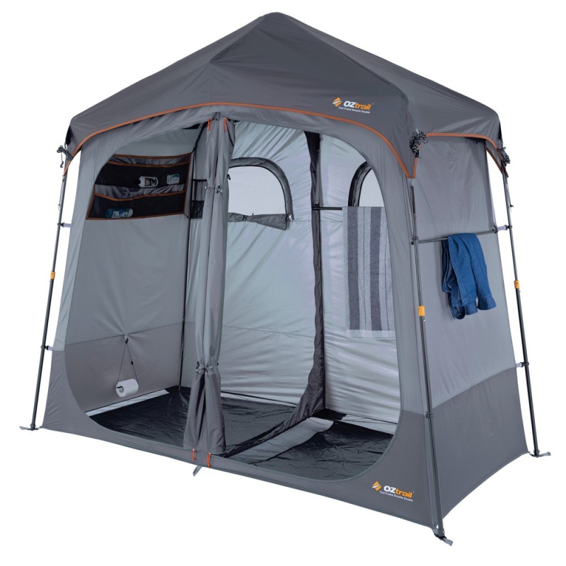 OZtrail Fast Frame double shower ensuite tent with dual privacy rooms, fast setup frame and ventilated grey design for camping, showering and portable outdoor changing facilities