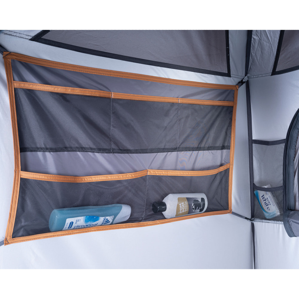 OZtrail Fast Frame double shower ensuite tent with dual privacy rooms, fast setup frame and ventilated grey design for camping, showering and portable outdoor changing facilities