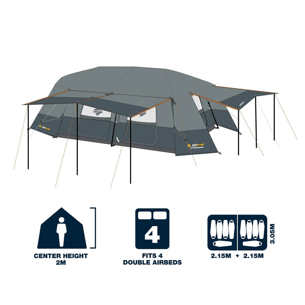 OZtrail Fast Frame Headland 10 person family camping tent with large interior space, extended awnings and fast setup frame designed for group camping and outdoor adventures