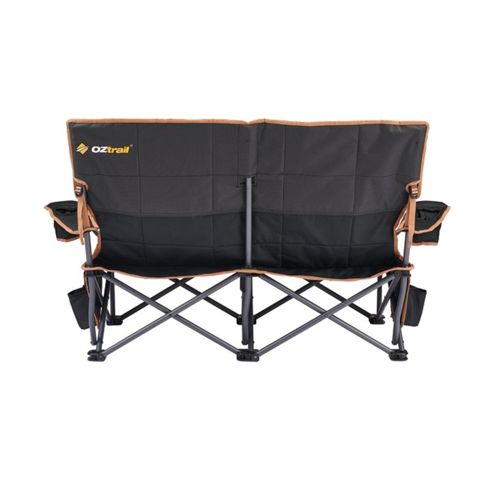 OZtrail Fireside Double Folding Camping Chair Black OZtrail Fireside double folding camping chair in black with padded dual seating, cup holders and sturdy foldable frame designed for camping, outdoor events and relaxing by the fire pit