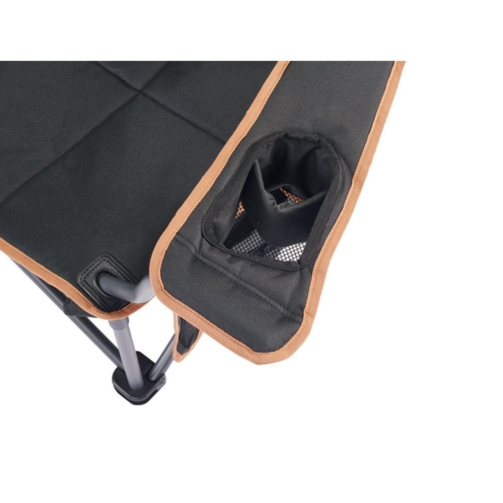 OZtrail Fireside Double Folding Camping Chair Black OZtrail Fireside double folding camping chair in black with padded dual seating, cup holders and sturdy foldable frame designed for camping, outdoor events and relaxing by the fire pit