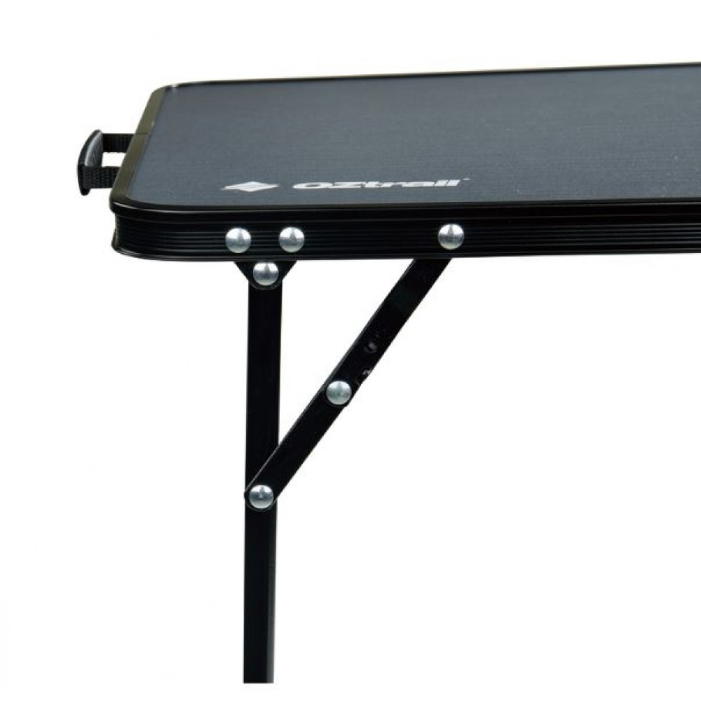 OZtrail Folding Snack Table Black OZtrail folding snack table with compact black tabletop and lightweight foldable frame designed for camping, picnics, outdoor dining and portable convenience