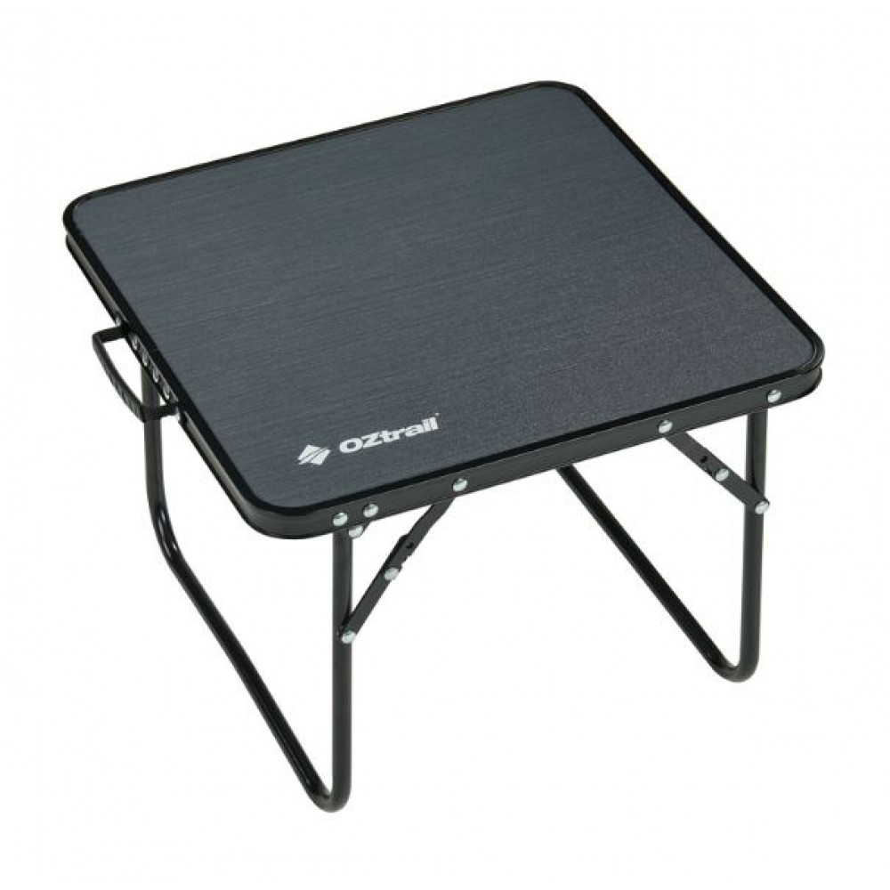 OZtrail Folding Snack Table Black OZtrail folding snack table with compact black tabletop and lightweight foldable frame designed for camping, picnics, outdoor dining and portable convenience