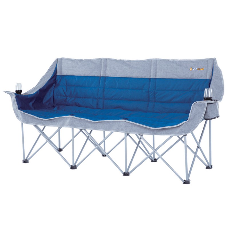 OZtrail Galaxy 3 seater camping chair sofa with padded blue seating, foldable frame and built-in cup holders designed for family camping, outdoor events and group relaxation