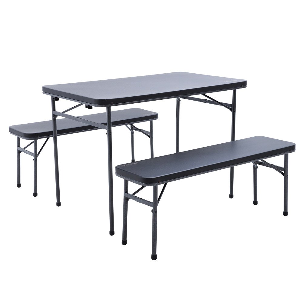 OZtrail Ironside 3-piece folding camping table and bench set with durable tabletop and two matching benches designed for camping, picnics, outdoor dining and family gatherings