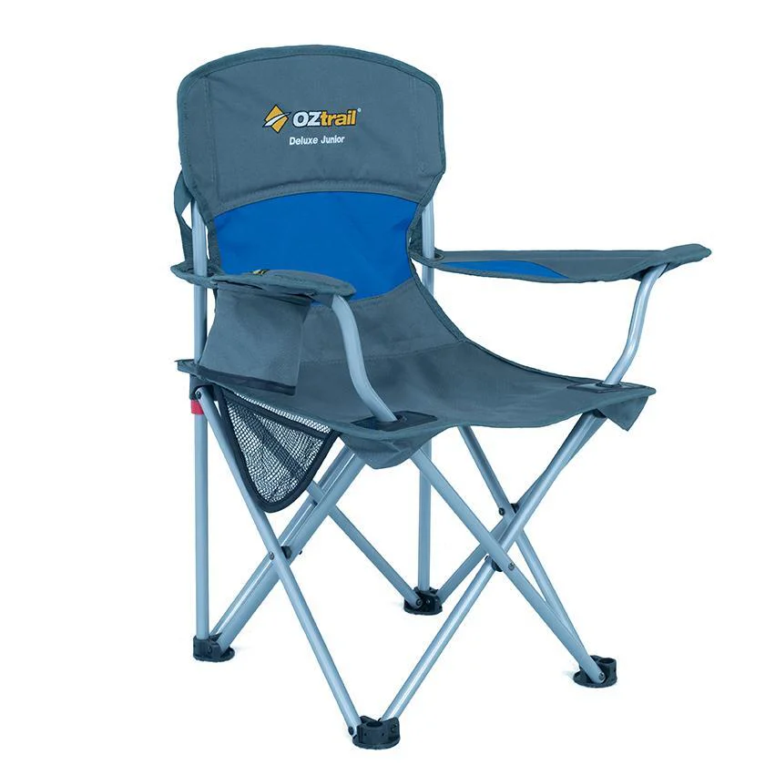 Blue OZtrail Junior Deluxe camping arm chair for kids featuring a foldable steel frame, padded armrests and built-in cup holder for outdoor camping and events