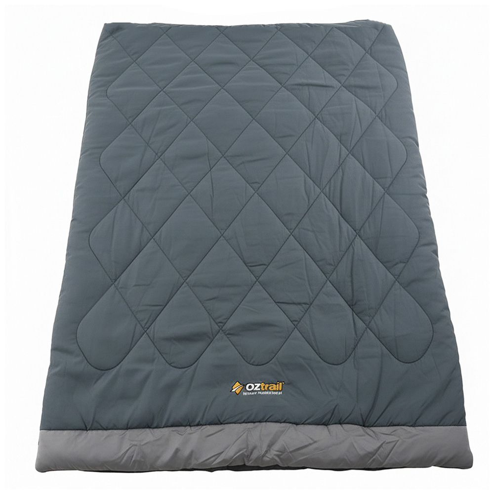 OZtrail Outback Comforter Queen 0C sleeping bag in grey with quilted insulation and spacious design for camping, caravanning and cool weather outdoor comfort