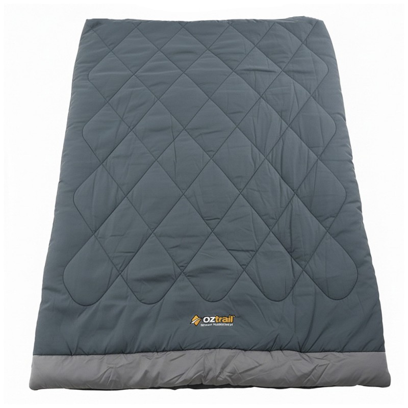 OZtrail Outback Comforter Queen 0C sleeping bag in grey with quilted insulation and spacious design for camping, caravanning and cool weather outdoor comfort