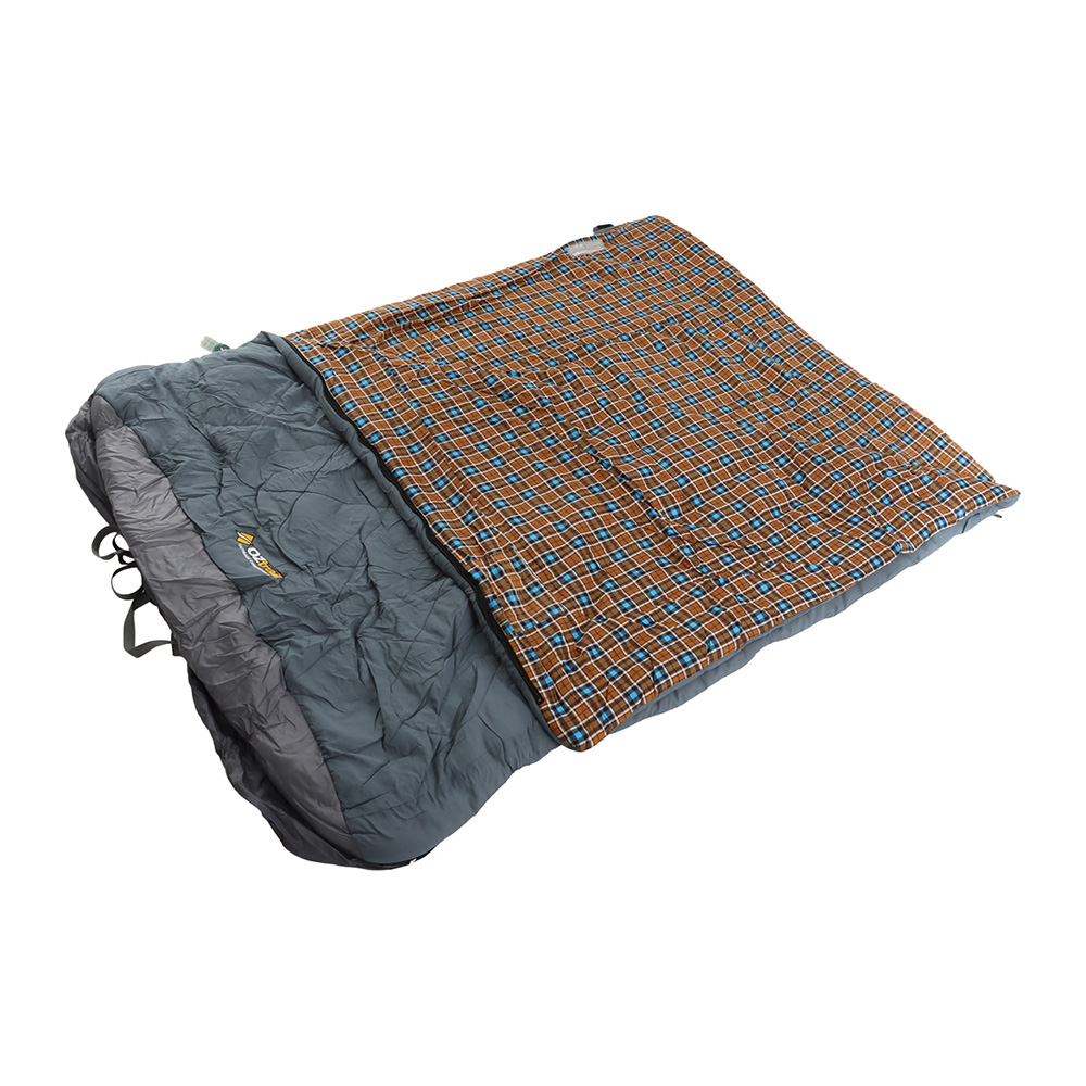 OZtrail Outback Comforter Queen 0C sleeping bag in grey with quilted insulation and spacious design for camping, caravanning and cool weather outdoor comfort
