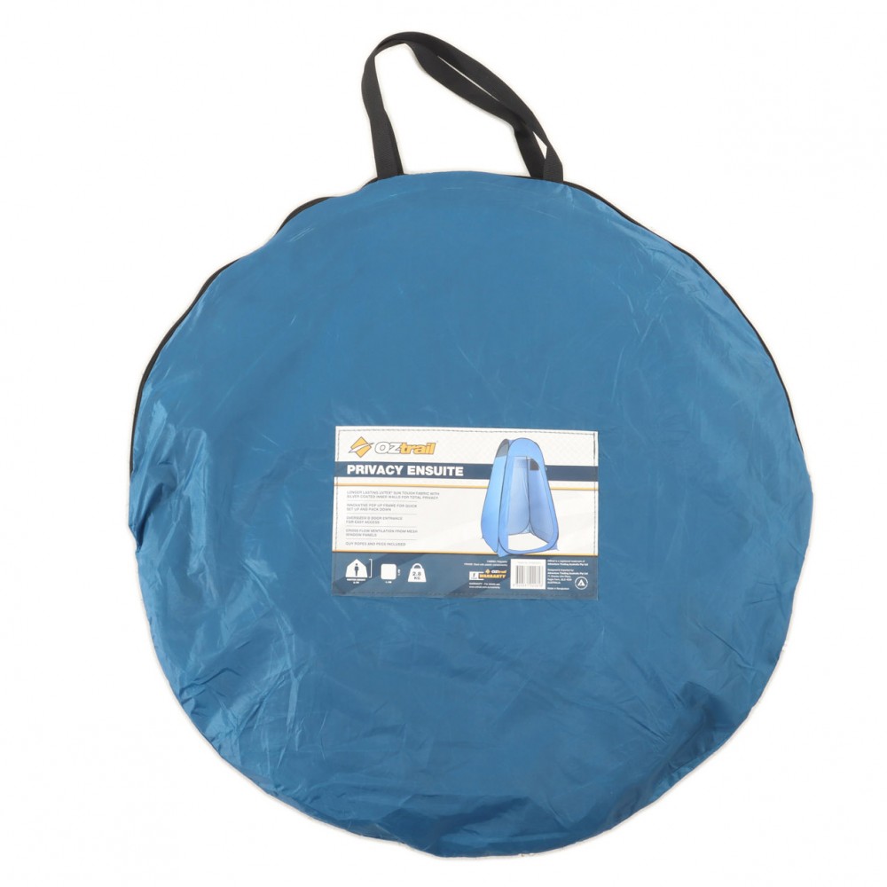 OZtrail Pop Up Privacy Ensuite Dome Tent Blue OZtrail pop up privacy ensuite dome tent in blue with quick setup design for camping showers, portable toilets and outdoor changing privacy areas