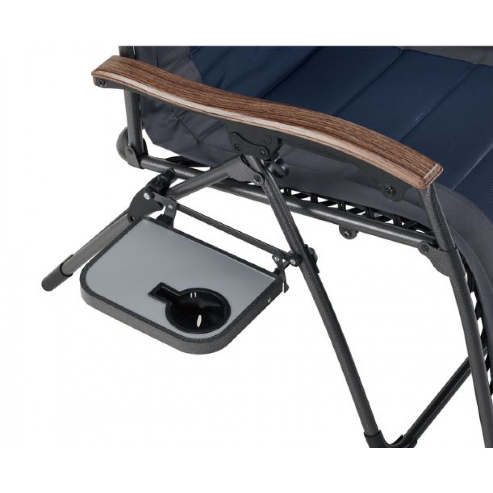 OZtrail Sun Lounge Jumbo recliner camping chair with padded navy seat, adjustable reclining backrest and integrated side table for outdoor relaxation and camping comfort