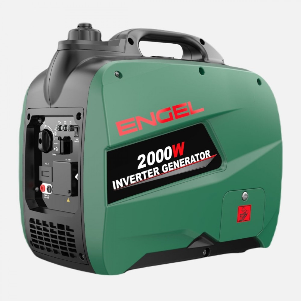 Engel R2000iS 2kW Pure Sinewave Generator Engel R2000iS 2kW Pure Sinewave Generator with compact lightweight inverter design, integrated carry handle, durable green and black housing, fuel-efficient engine, quiet operation, and pure sine wave power output, ideal for camping, caravanning, outdoor