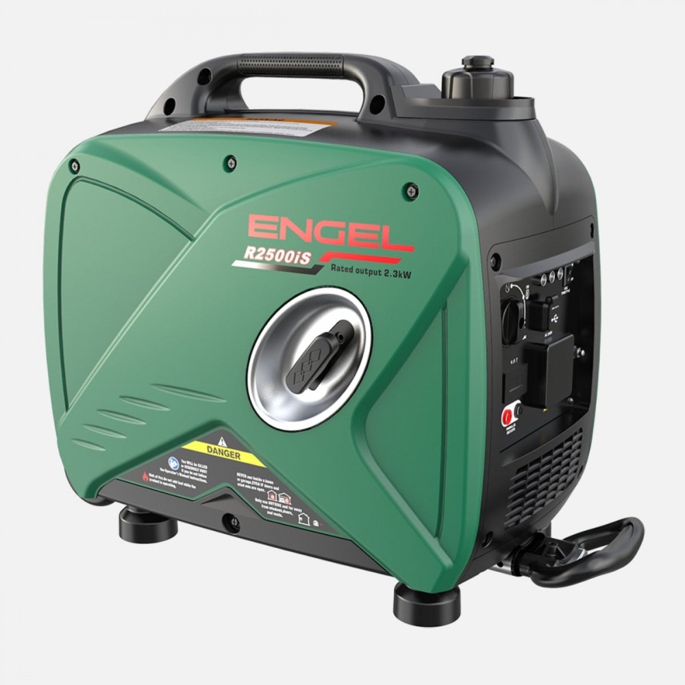 Engel R2500iS 2.5kW Pure Sinewave Generator with compact portable design, green and black impact-resistant housing, integrated carry handle, fuel-efficient inverter technology, multiple AC and DC power outlets, and quiet operation, ideal for camping, cara