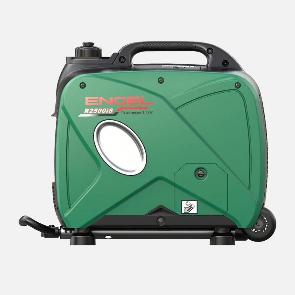 Engel R2500iS 2.5kW Pure Sinewave Generator with compact portable design, green and black impact-resistant housing, integrated carry handle, fuel-efficient inverter technology, multiple AC and DC power outlets, and quiet operation, ideal for camping, cara